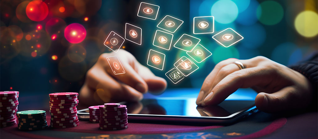 kasyno online, tablet z ikonami gier, żetony pokerowe, hazard mobilny, technologia, nowoczesne gry