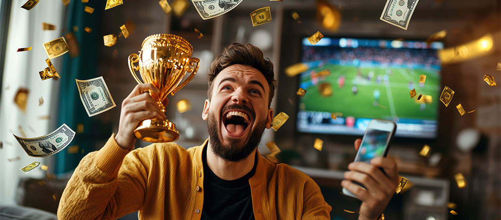 zwycięzca, złoty puchar, pieniądze w powietrzu, mężczyzna z telefonem, emocje wygranej, zakłady sportowe, radość z wygranej