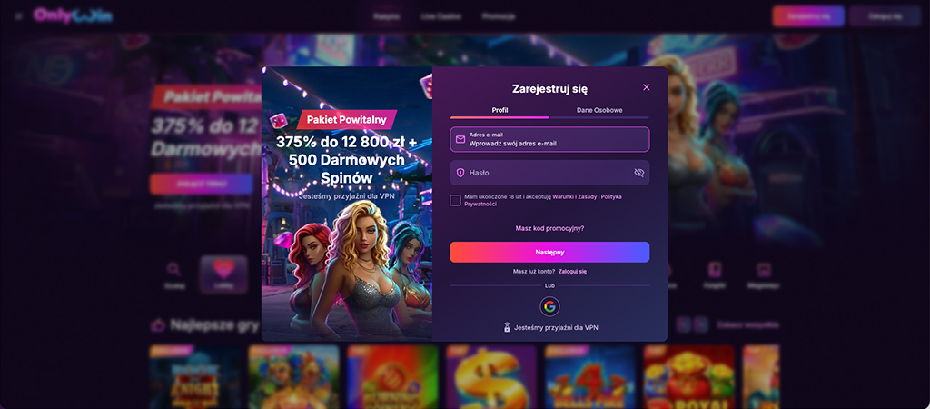 Rejestracja Konta w OnlyWin, online casino