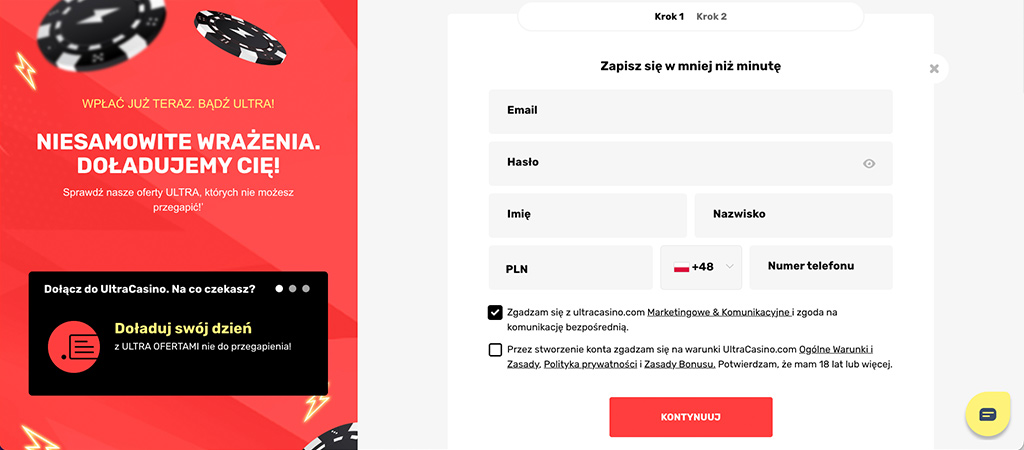 Rejestracja Konta Nowego Gracza, Ultra Casino Rejestracja Krok po Kroku