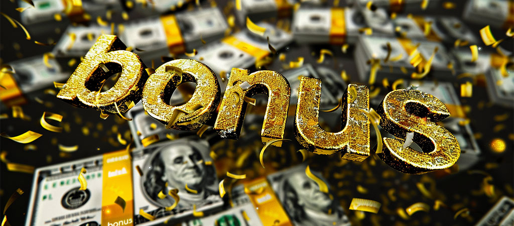 bonus kasynowy, złoty napis, banknoty dolarowe, konfetti, bogactwo, promocje, nagrody pieniężne, wygrane, luksus