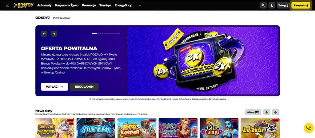 strona główna Energy Casino, baner powitalny, promocja PODWÓJNE WYGRANE, 100% bonus do 400 PLN plus 400 darmowych spinów