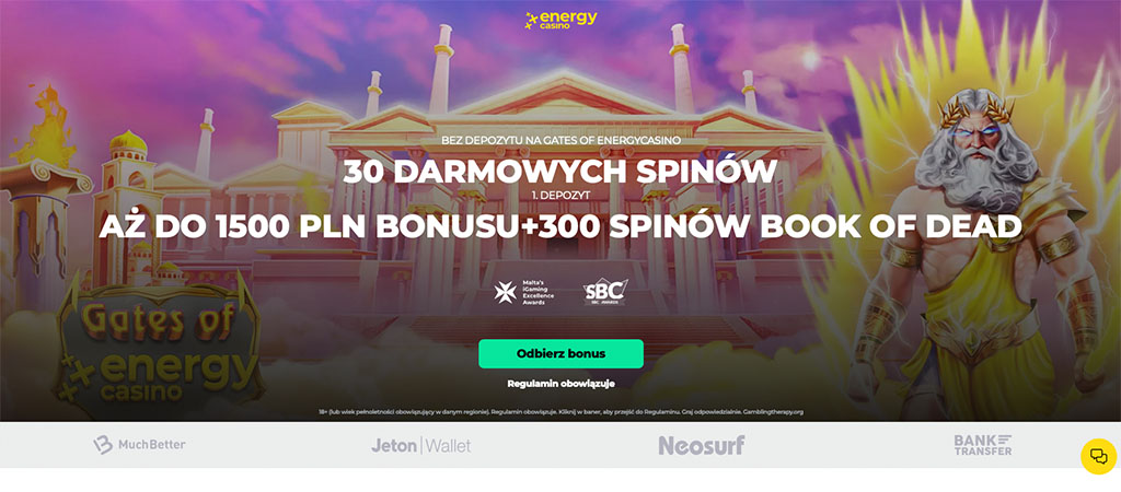 baner Gates of Energy Casino, bonus 1500 PLN, darmowych spinów bez depozytu, 300 spinów Book of Dead, Zeus, logo MuchBetter
