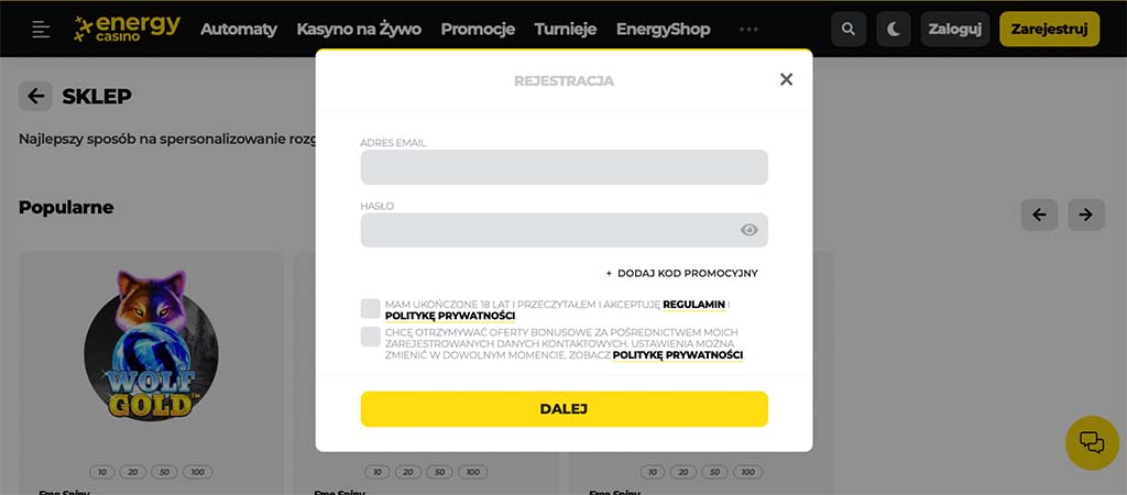 okno rejestracji na Energy Casino, pola na adres e-mail i hasło, przycisk Dalej, checkbox akceptacji polityki prywatności
