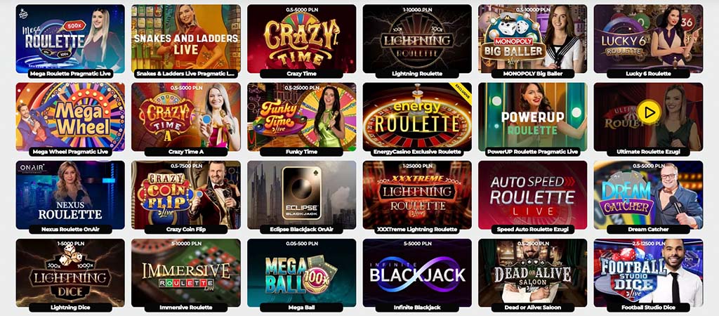 lobby Energy Casino Live, lista gier: Mega Roulette, Snakes and Ladders Live, Lightning Roulette, Monopoly Big Baller