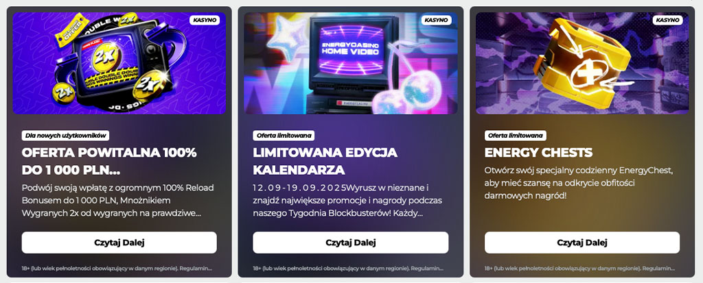 Trzy kafelki Energy Casino: Oferta Powitalna, 2X wygrane, do 1000 PLN, Limitowana Edycja Kalendarza, Energy Chests