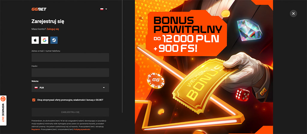 GGBet Casino, Rejestracja, bonus powitalny
