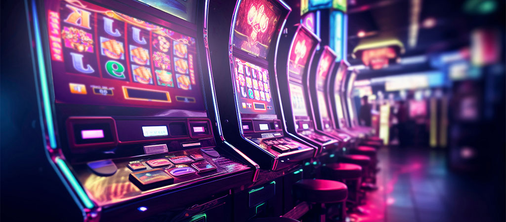 automaty do gry, kasyno stacjonarne, kolorowe światła, slot maszyny, gry hazardowe, neony, nocna atmosfera