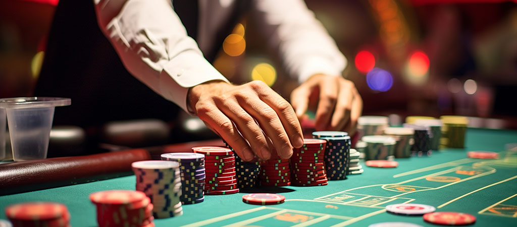 kasyno, krupier układa żetony, stół do ruletki, gry stołowe, hazard na żywo, profesjonalny dealer, kasyna