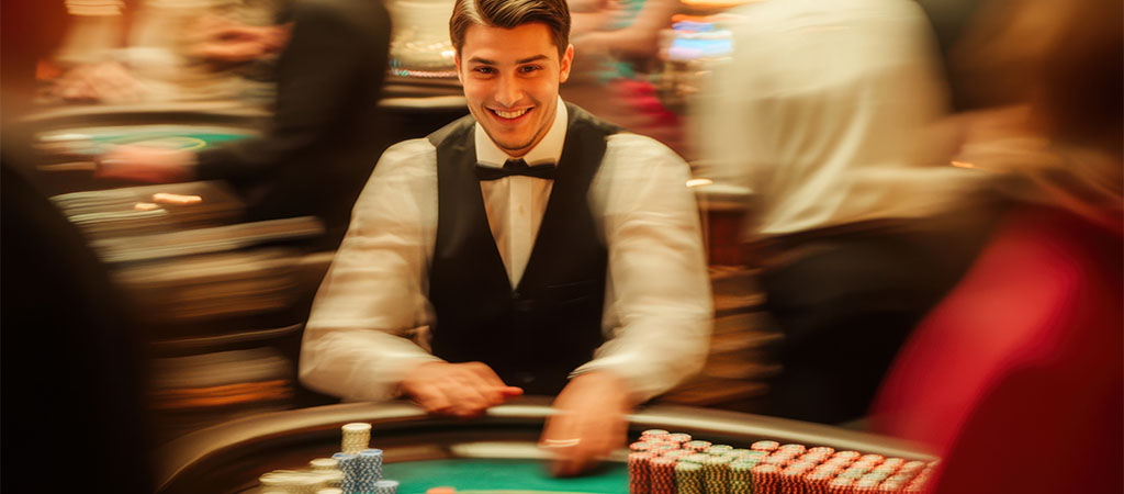 krupier w kasynie, rozdawanie żetonów, gra na żywo, elegancki garnitur, hazard, emocje graczy, stół do gry