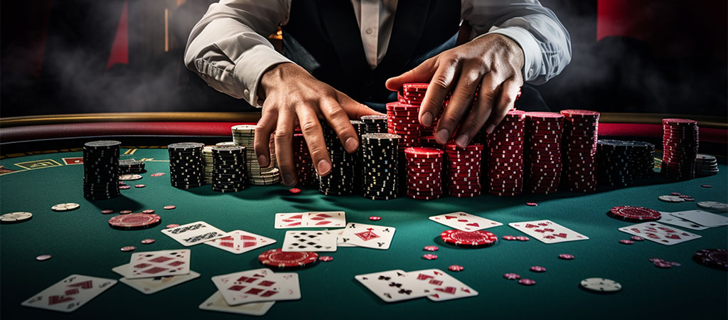 krupier przy stole, żetony kasynowe, karty do gry, bakarat, poker, hazard, wygrana, eleganckie kasyno, emocje, luksus