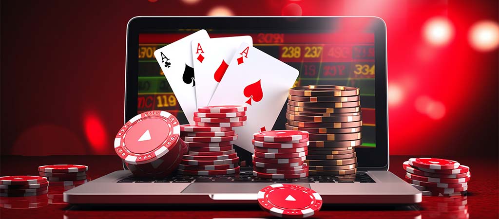 Kasyno online, laptop, żetony, karty do gry, as pik, as kier, ruletka, poker, hazard, tło czerwone, wygrana, rozgrywka online
