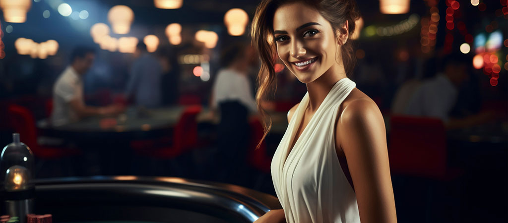 kobieta, kasyno, elegancka, uśmiech, wieczór, hazard, ruletka, światła, glamour, rozrywka, emocje, luksus, stolik, gra