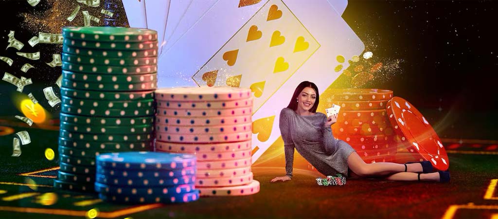 Kasyno online, żetony, kobieta z kartami, karty do gry, dolary, światła kasyna, poker, wygrana, styl glamour, rozrywka online