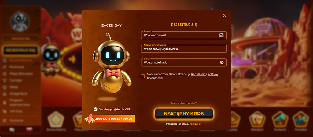 Rejestracja w VegaZone Online Casino