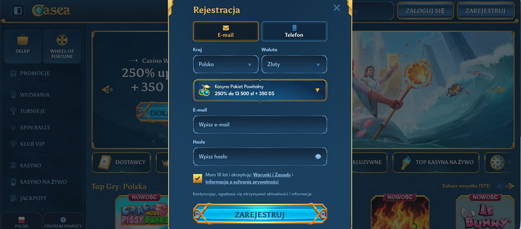 Rejestracja Konta Gracza, Casea Kasyno