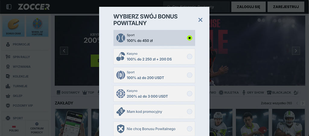 Rejestracja na Zoccer Online Kasyno, bonusy