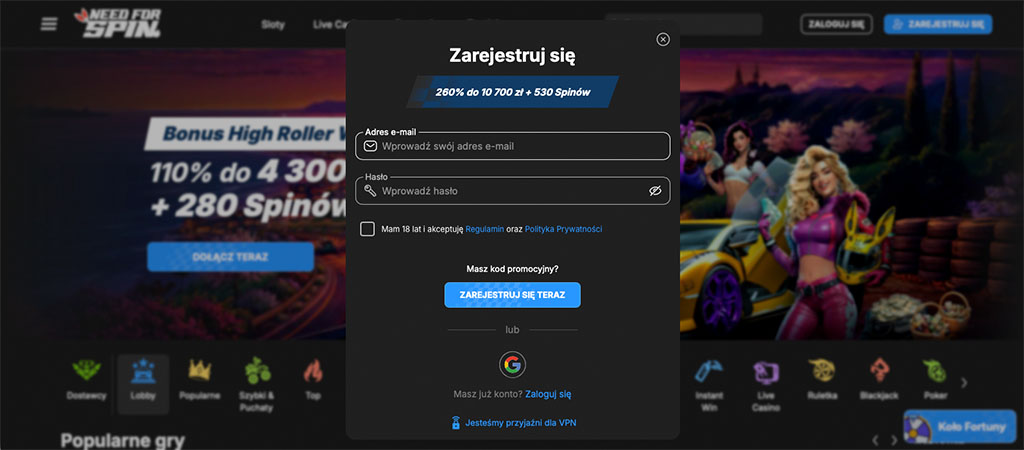 Rejestracja na Stronie Kasyna Online NeedforSpin
