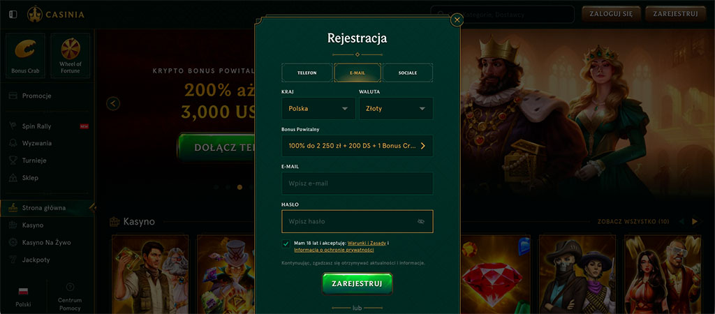 Rejestracja Konta, online casino, bonus crab