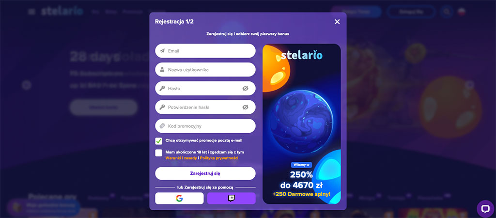 Przycisk Rejestracji w Stelario Kasyno, online casino
