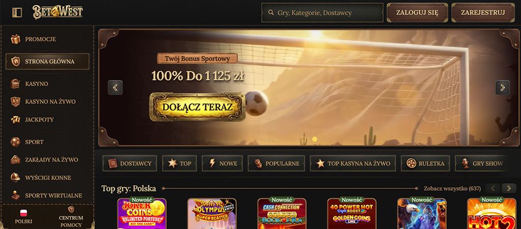 BetWest, kasyno online, strona główna, bonus sportowy, piłka nożna, hazard, gry hazardowe, interfejs, zakłady