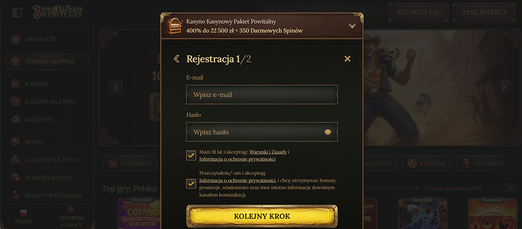 BetWest, kasyno online, rejestracja, formularz zakładania konta, pakiet powitalny, darmowe spiny, e-mail